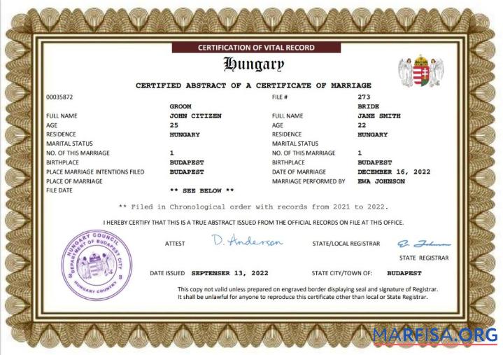 Downloadable Hungary marriage certificate Word and PDF template